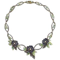 Enamel Sapphire Diamond Floral Necklace 