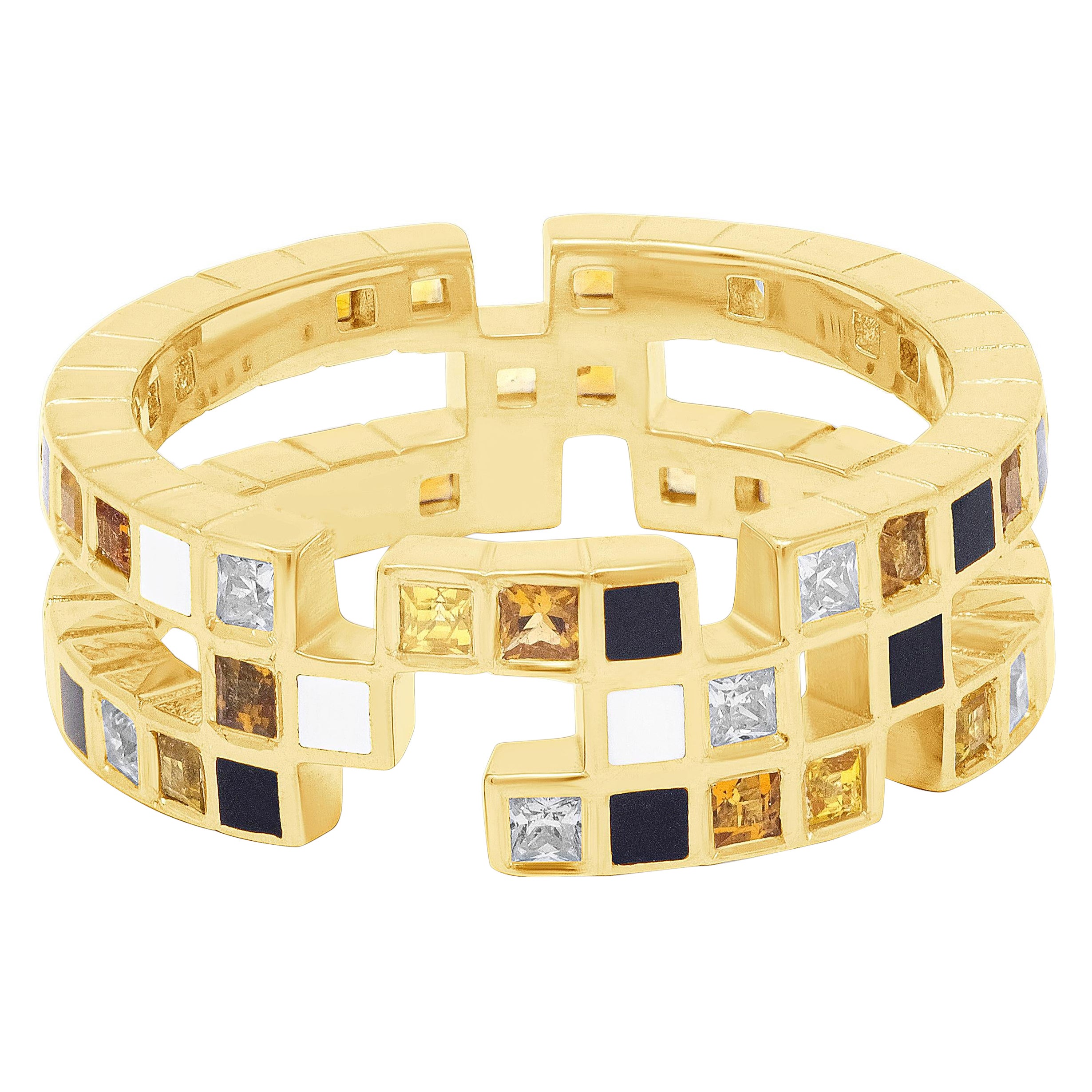 Kubistischer Ring aus 18 Karat Gelbgold mit Diamanten im Prinzessinnenschliff, gelbem Saphir, Citrin und Emaille