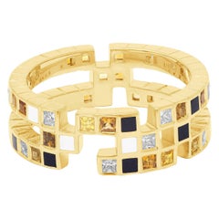Used Princess Cut Diamond Yellow Sapphire Citrine Enamel 18k Yellow Gold Cubism Ring
