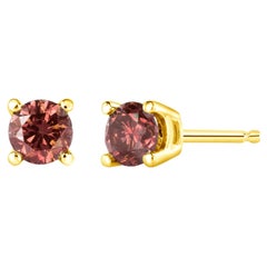 Clous d'oreilles solitaires en or jaune 14 carats avec diamants roses taille brillant rond de 1/4 carat