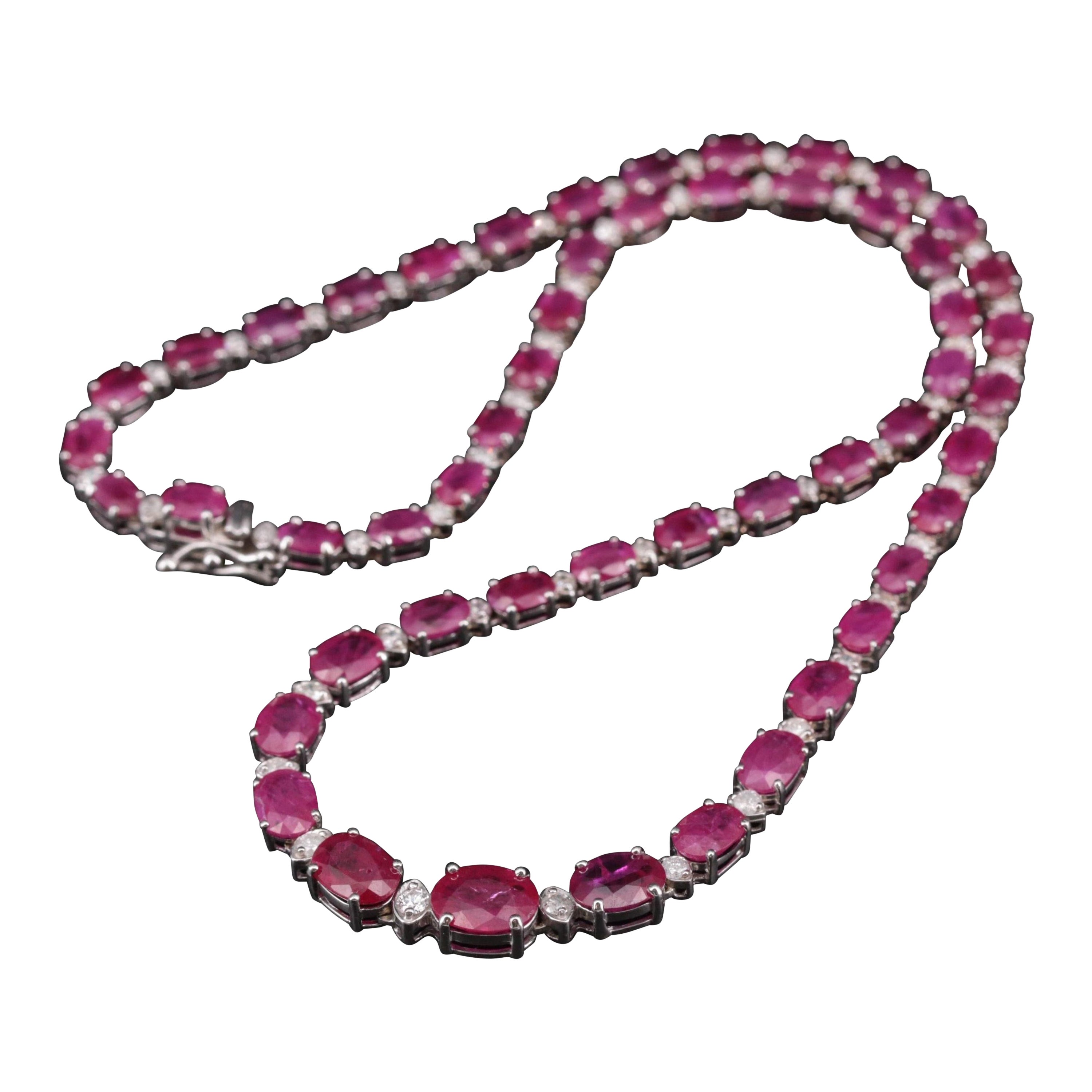 Vintage Oval Cut Ruby Diamonds Necklace, 18K Gold Necklace For Her For