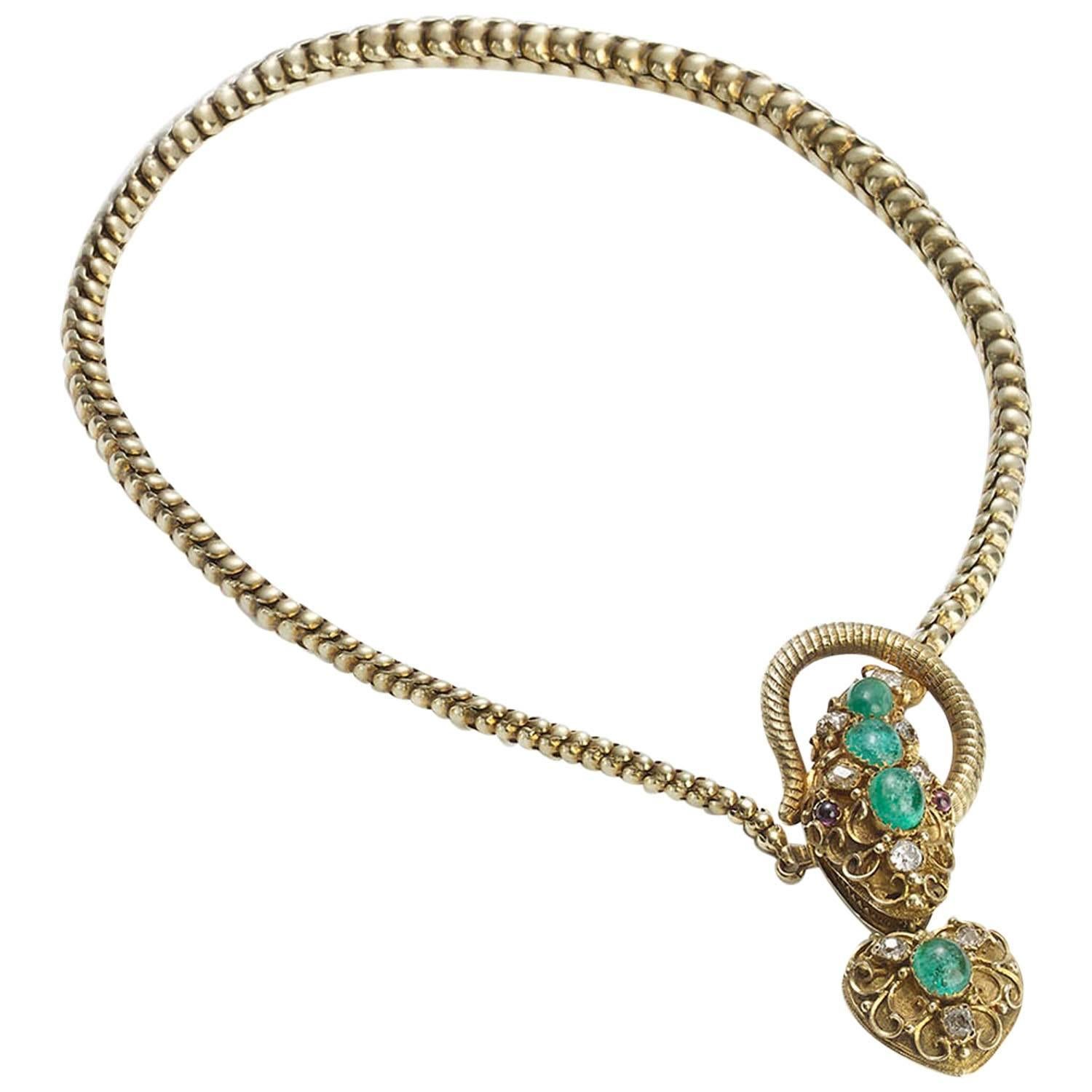 Victorian Emerald Ruby Diamond Gold Snake Necklace