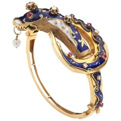 Antique Gem Set Enamel Gold Snake Bangle Bracelet