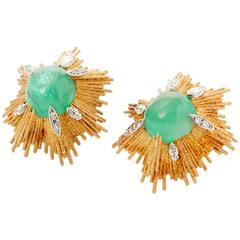 1973 Andrew Grima Emerald Diamond Gold Clip Earrings
