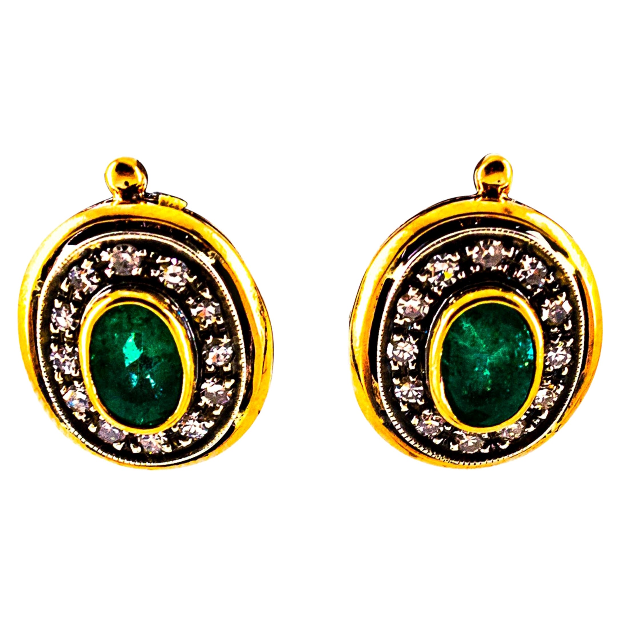 2.15 Carat White Diamond Oval Cut Emerald Yellow Gold Lever-Back Dangle Earrings For Sale