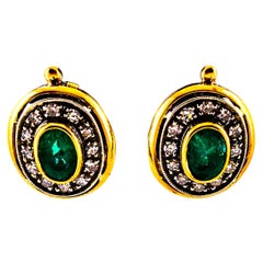 Vintage 2.15 Carat White Diamond Oval Cut Emerald Yellow Gold Lever-Back Dangle Earrings