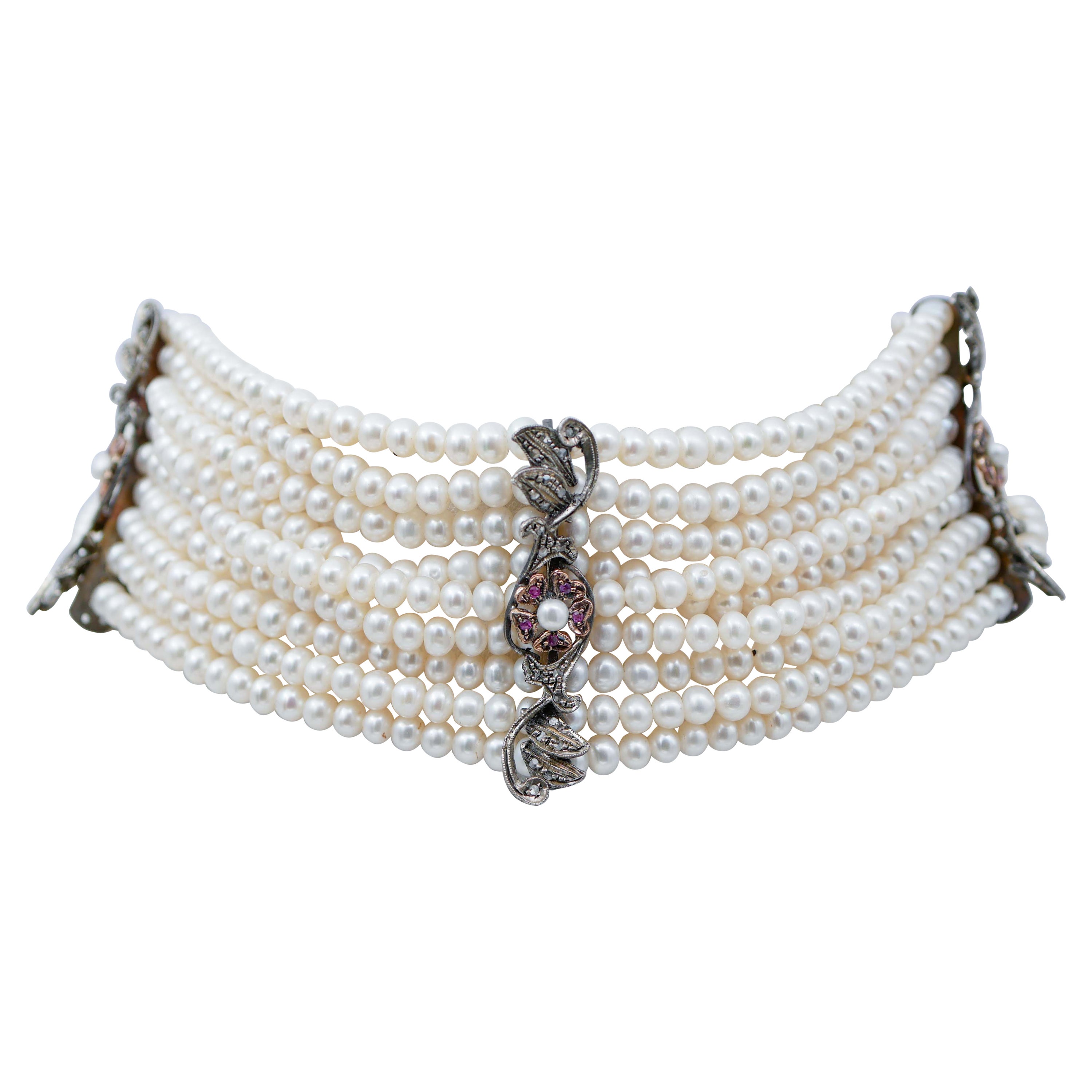 Pearls, Rubies, Diamonds, Rose Gold and Silver Retrò Necklace