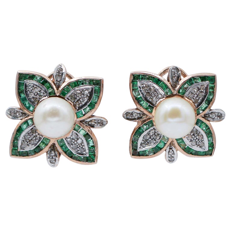 Pearls, Emeralds, Diamonds, Rose Gold and Silver Earrings For Sale
