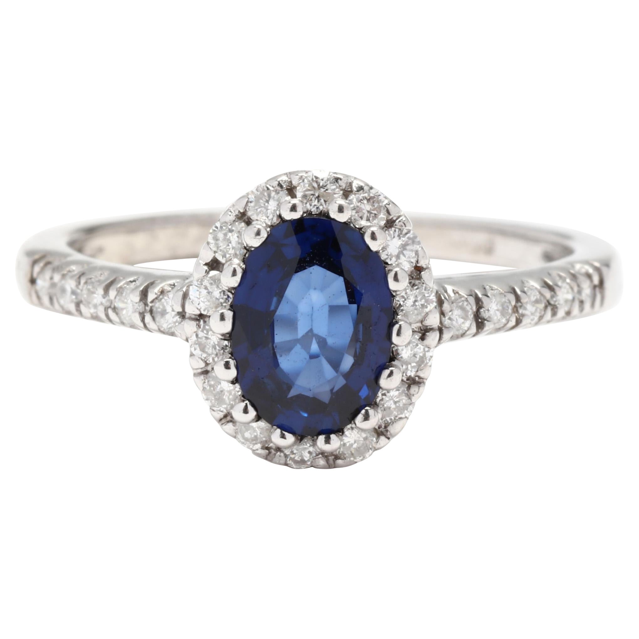 Sapphire Diamond Halo Engagement Ring, 14K White Gold, Ring For Sale