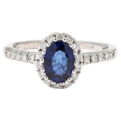 Sapphire Diamond Halo Engagement Ring, 14K White Gold, Ring