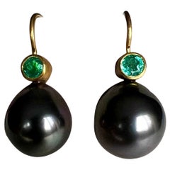 South Sea Grey Pearls and Emerald Earrings 22 Karat Gold