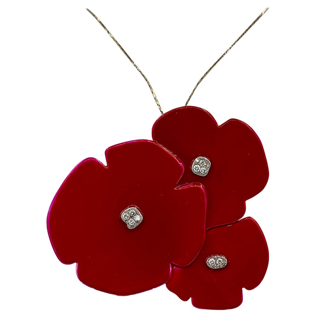 Helen Blythe-Hart Diamond Poppy Flower Pendant Brooch Necklace 14 Karat Gold For Sale