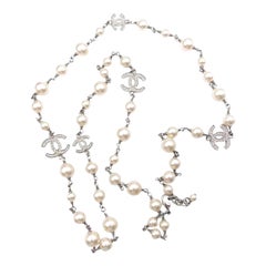 Chanel 5 Silver CC Crystal Faux Pearl Long Necklace
