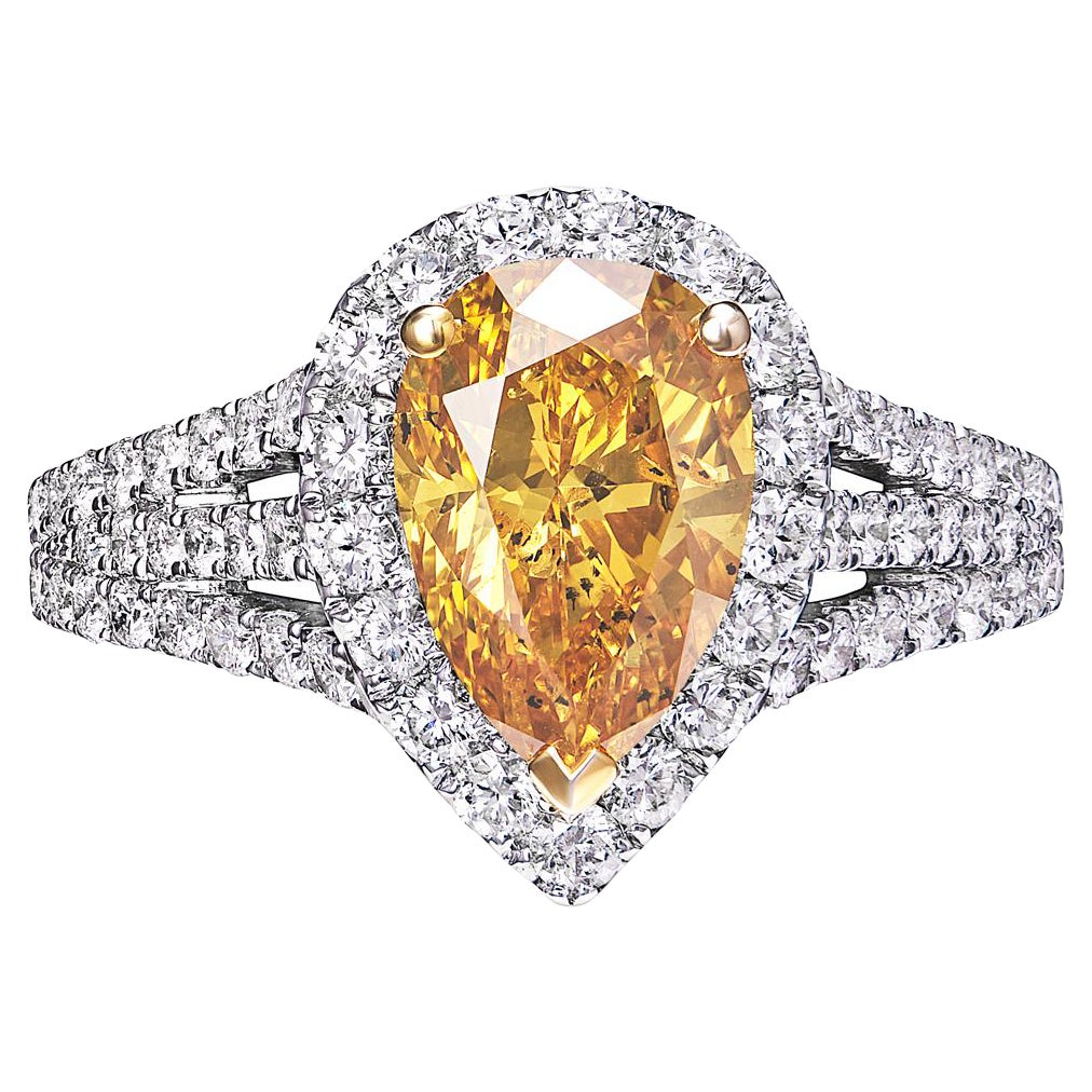 3ct Fancy Vivid Yellow-Orange Pear Shape Diamond Engagement Ring Certified GIA For Sale