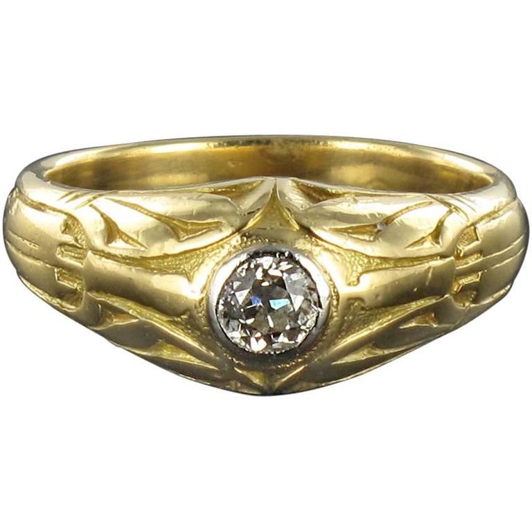 Antique Engraved Men’s Diamond Gold Signet Ring at 1stDibs