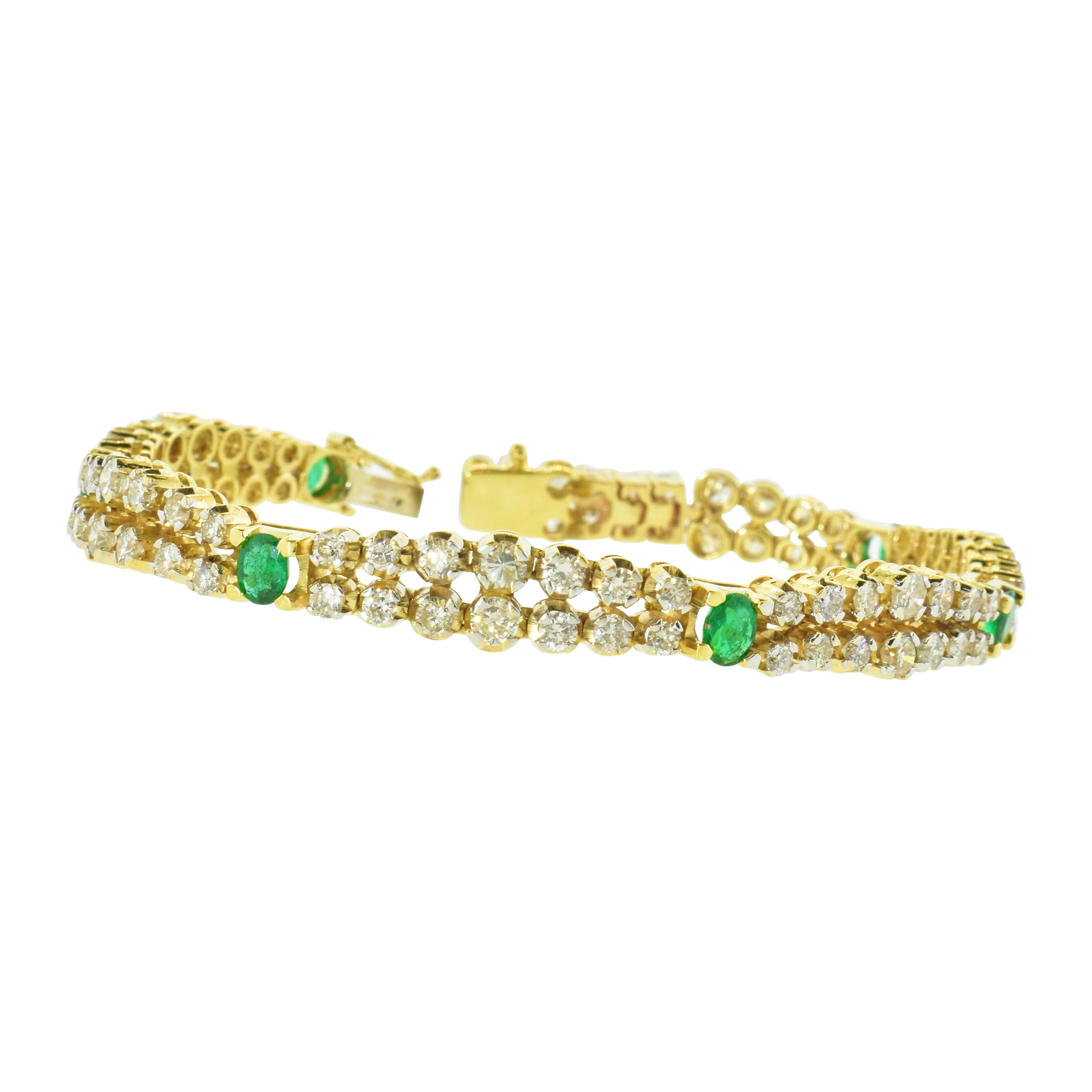Gold, Diamond and Emerald Fine Double Row Contemporary Bracelet For Sale