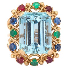 16.50ct Aquamarine Gemstone Ring Retro 14k Yellow Gold Cocktail Jewelry