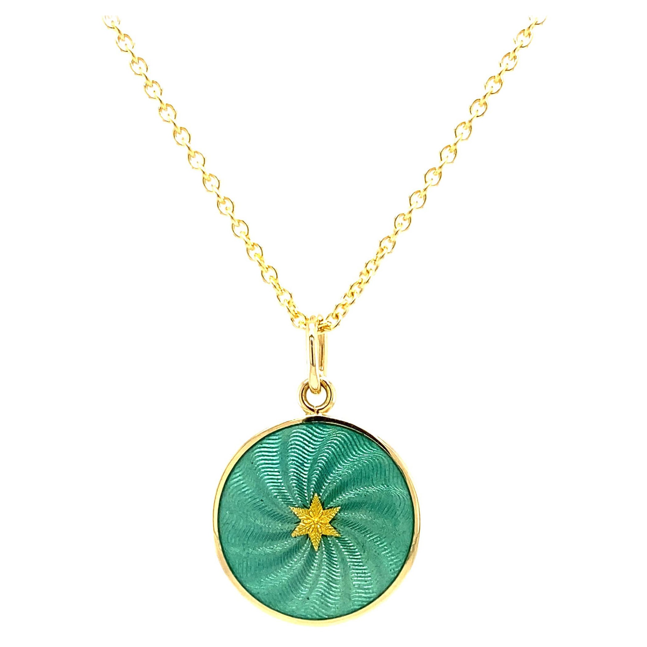 Round Disk Pendant Necklace 18k Yellow Gold Turquoise Enamel Guilloche Paillons For Sale