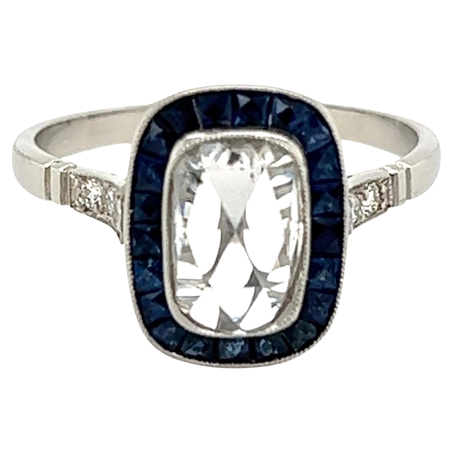Vintage Diamond and Sapphire Art Deco Revival Platinum Ring Estate Fine Jewelry