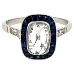 Retro Diamond and Sapphire Art Deco Revival Platinum Ring Estate Fine Jewelry
