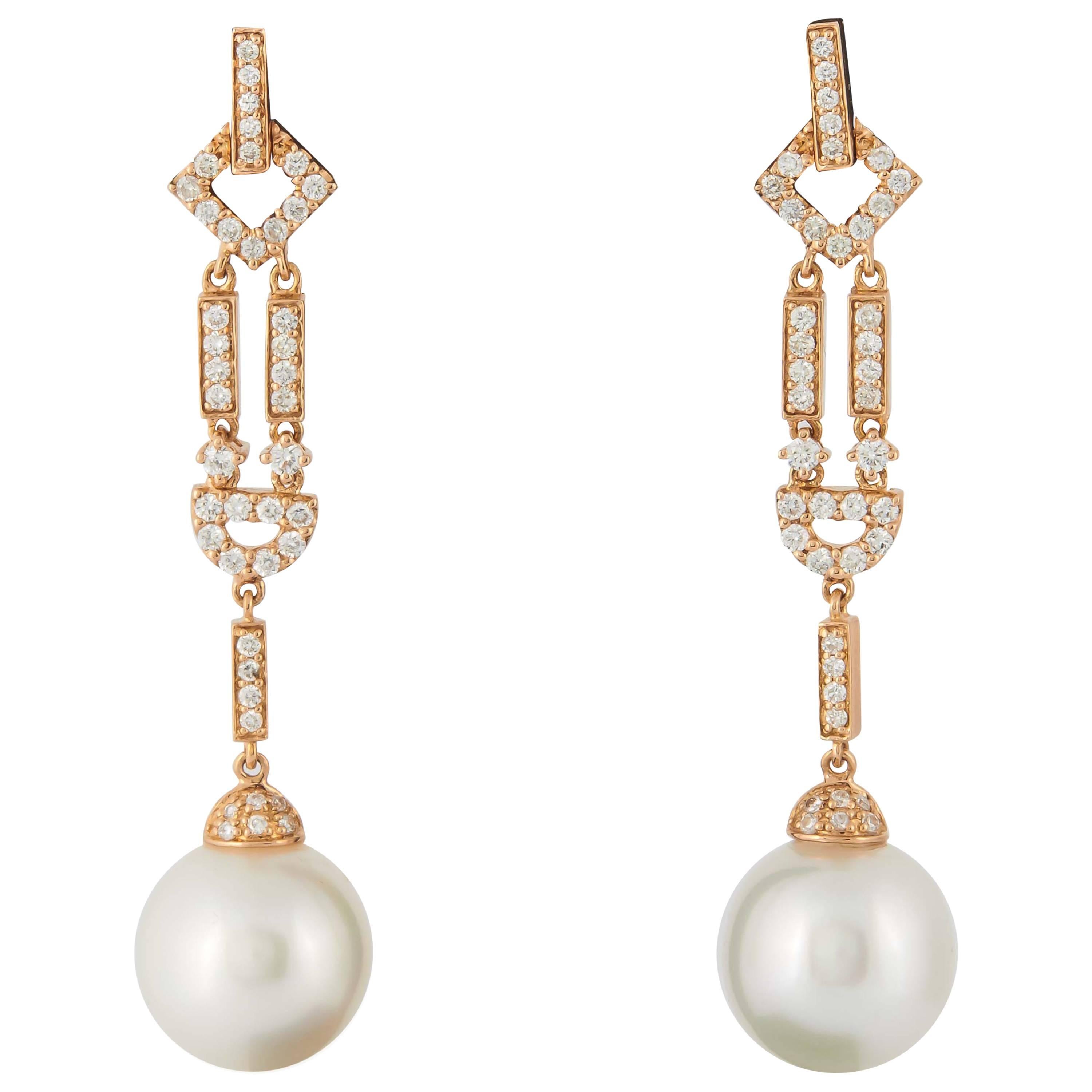 South Sea Pearl Diamond and Rose Gold Dangle Earrings