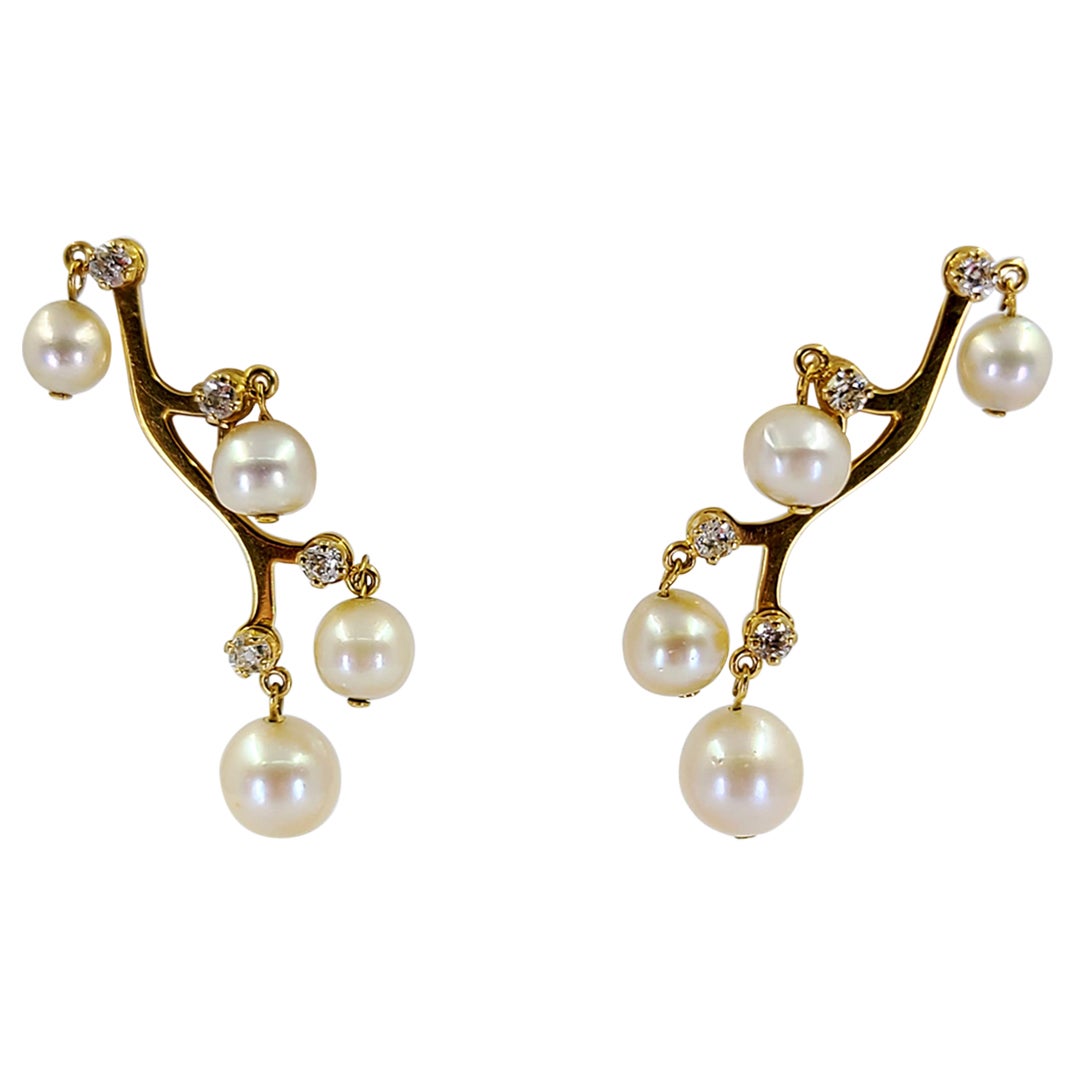Antique Yellow Gold Cultured Pearl Branch Drop Earrings For Sale