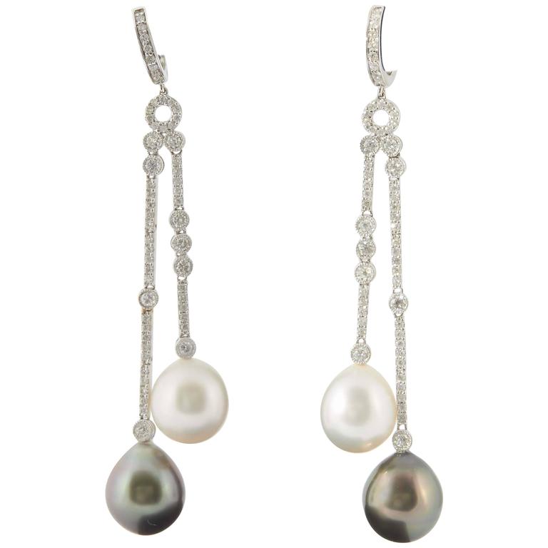 South Sea and Tahitian Pearl Diamond Gold Dangle Earrings at 1stDibs