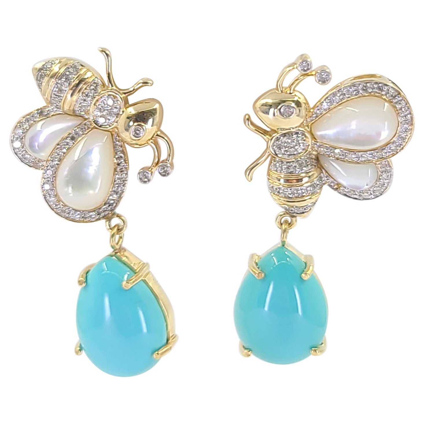 Yellow Gold Bee Drop Earrings Featuring Turquoise and Mother of Pearl