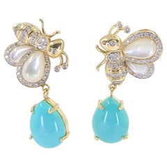 Yellow Gold Bee Drop Earrings Featuring Turquoise and Mother of Pearl