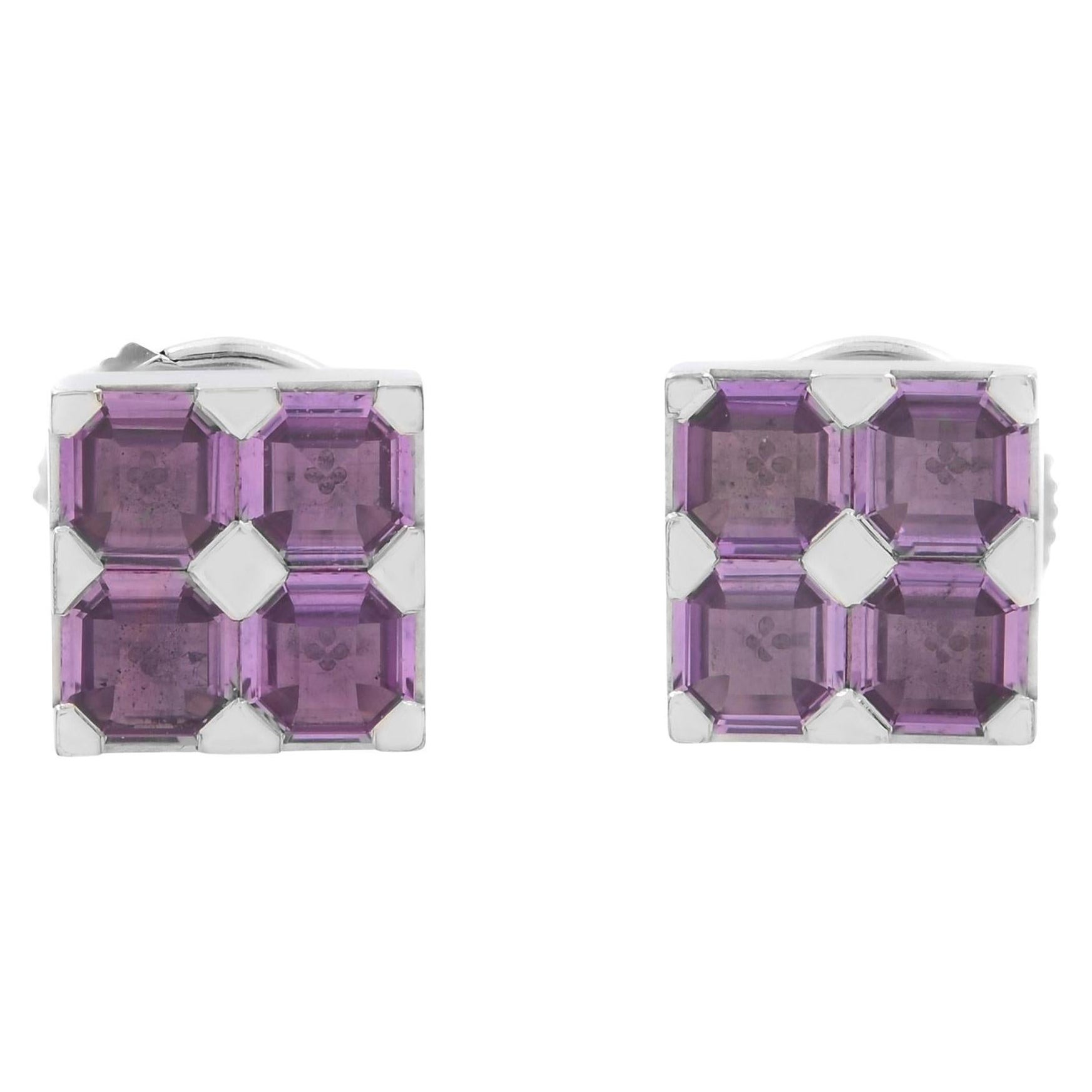 Chopard Purple Amethyst Square Stud Earrings 18K White Gold For Sale