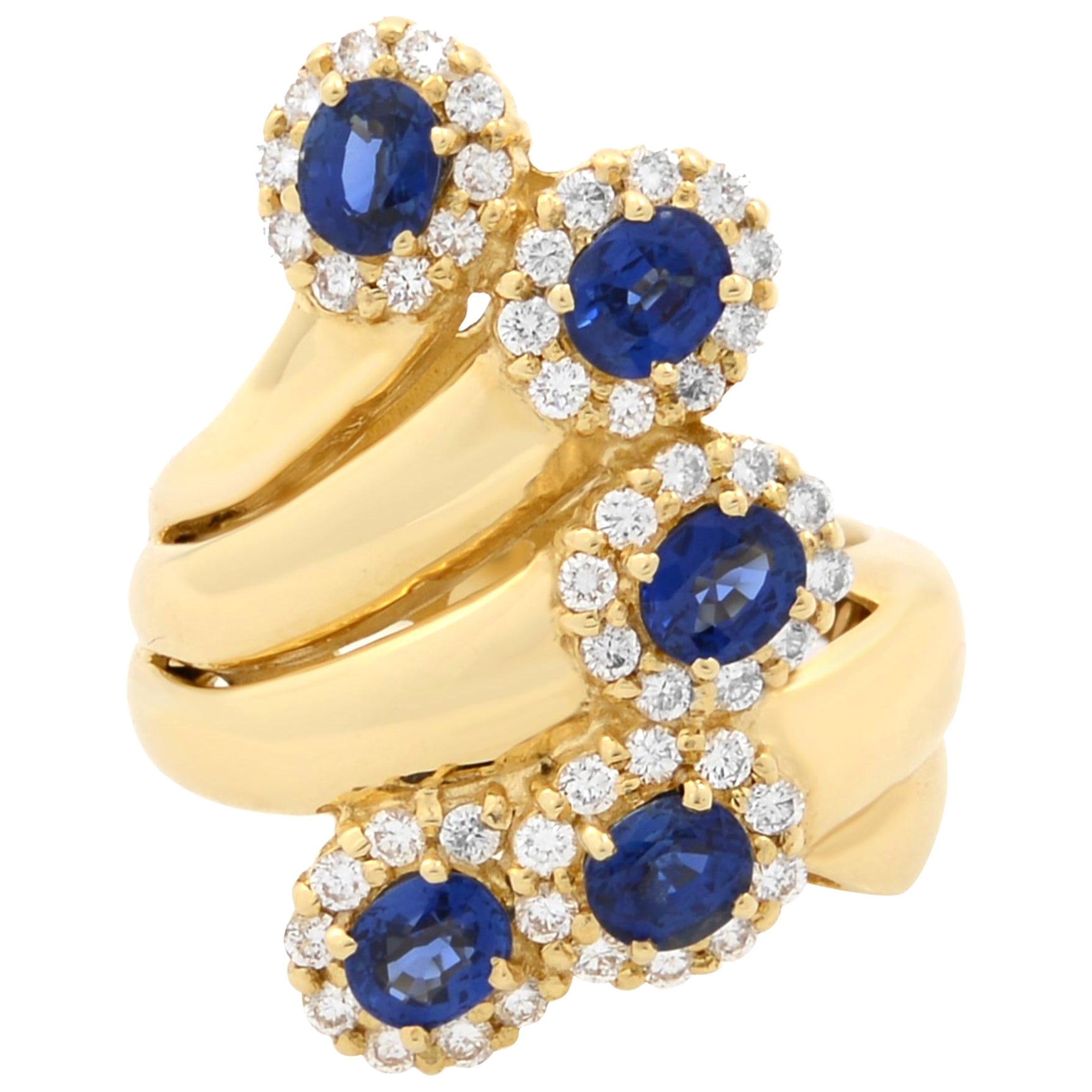 Rachel Koen Blue Sapphire Diamond Cocktail Ring 18K Yellow Gold For Sale