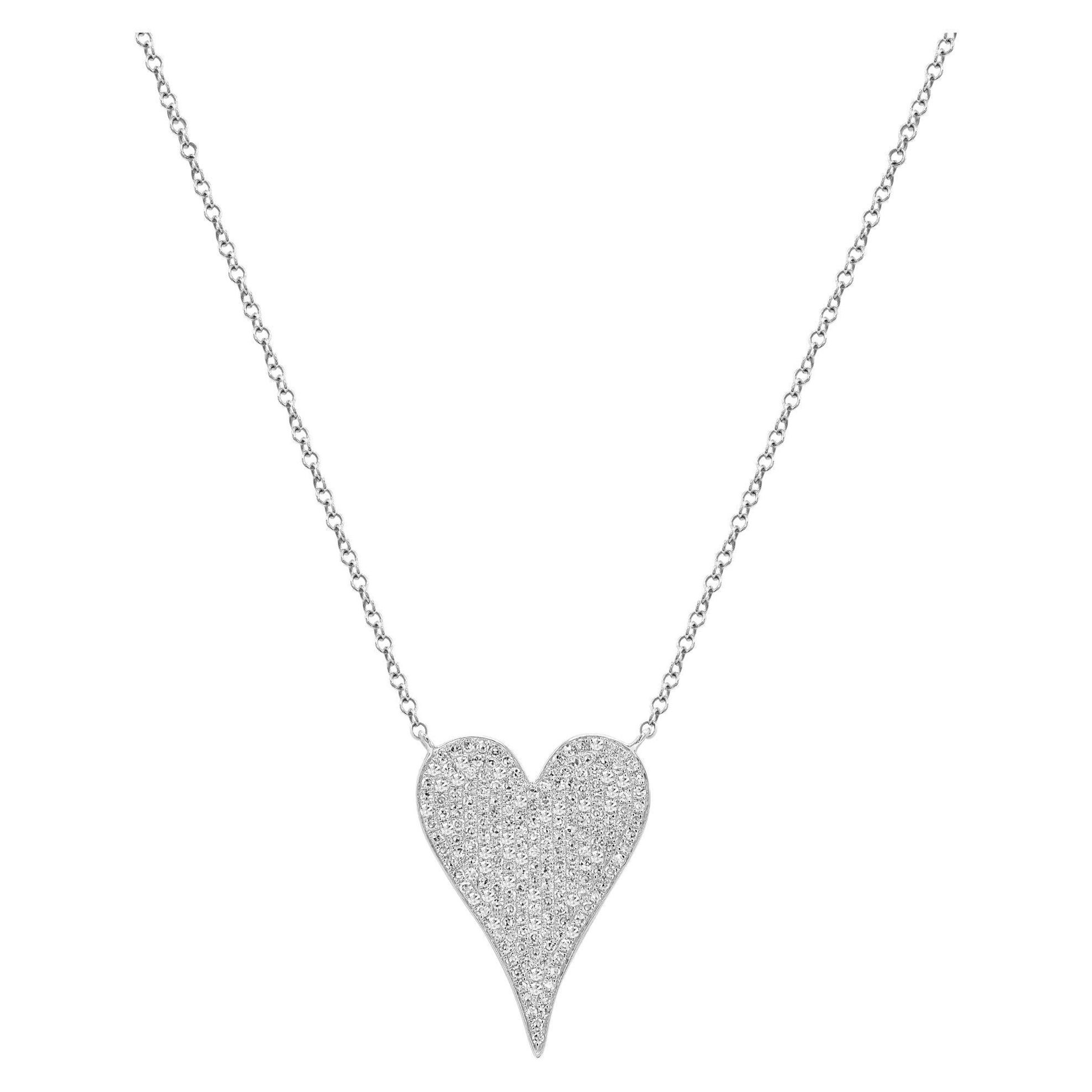 Rachel Koen Pave Diamond Heart Pendant Necklace 14K White Gold 0.21Cttw For Sale