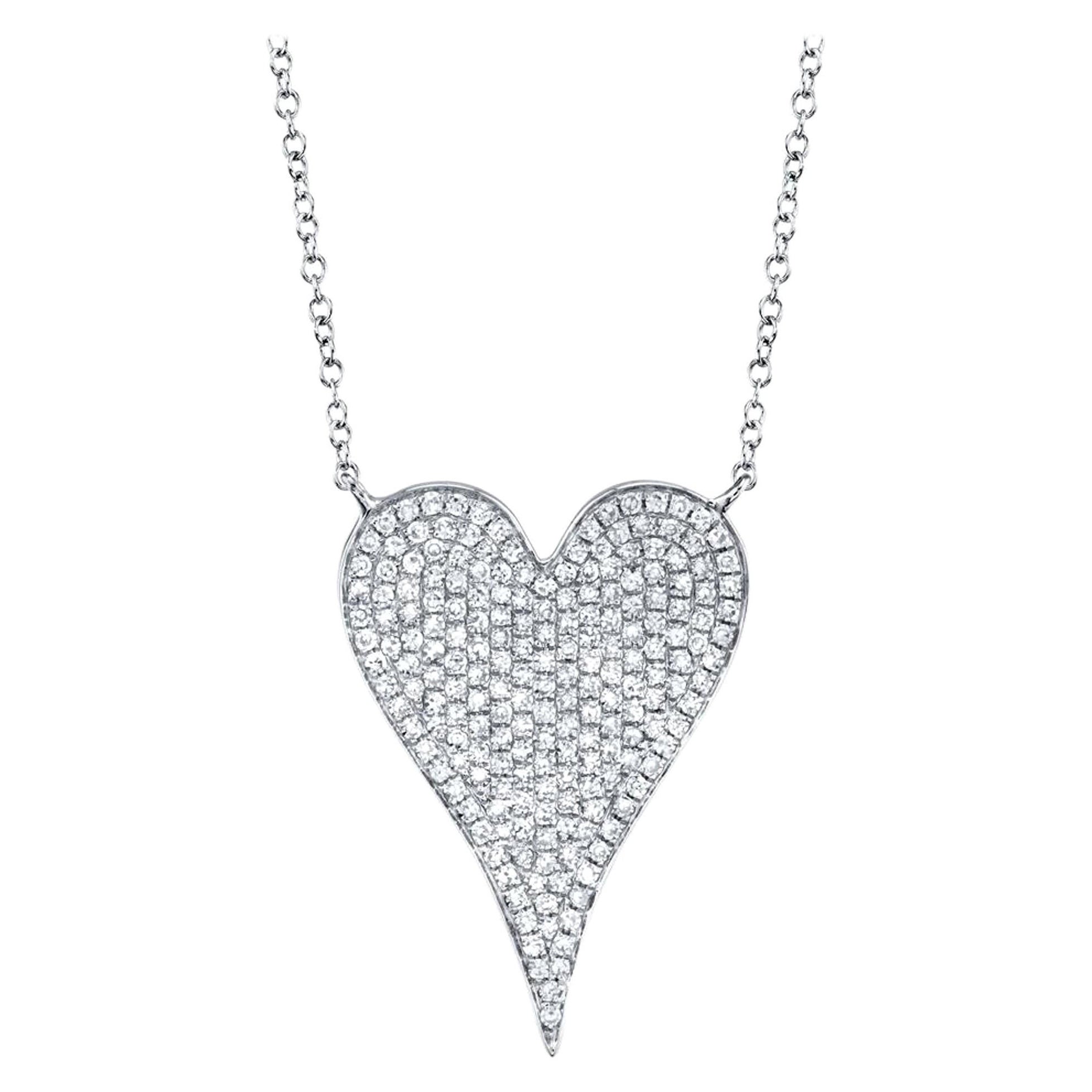 Rachel Koen Pave Diamond Heart Pendant Necklace 14K White Gold 0.43cttw For Sale