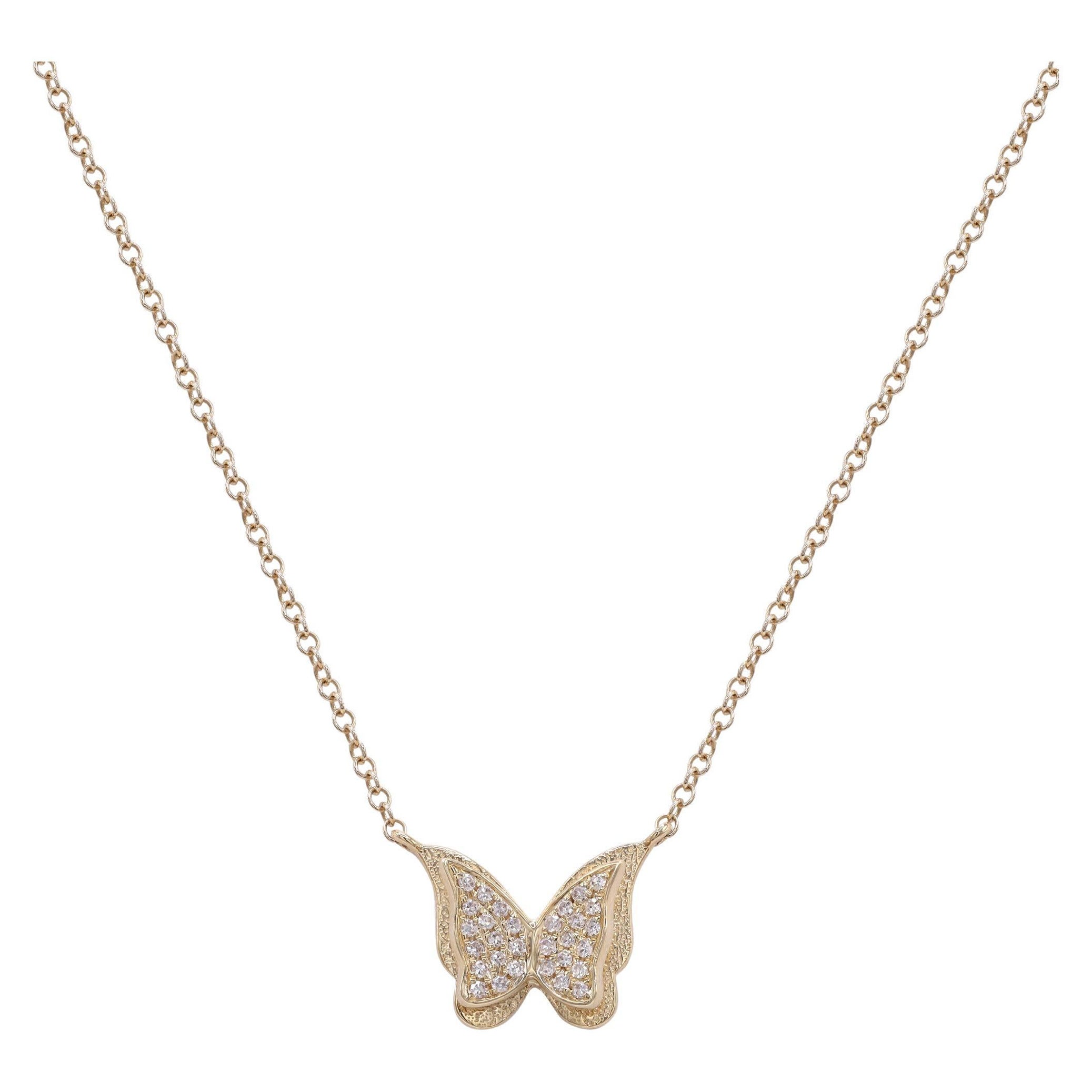Rachel Koen Diamond Butterfly Mini Pendant Necklace 14K Yellow Gold 0.06Cttw For Sale