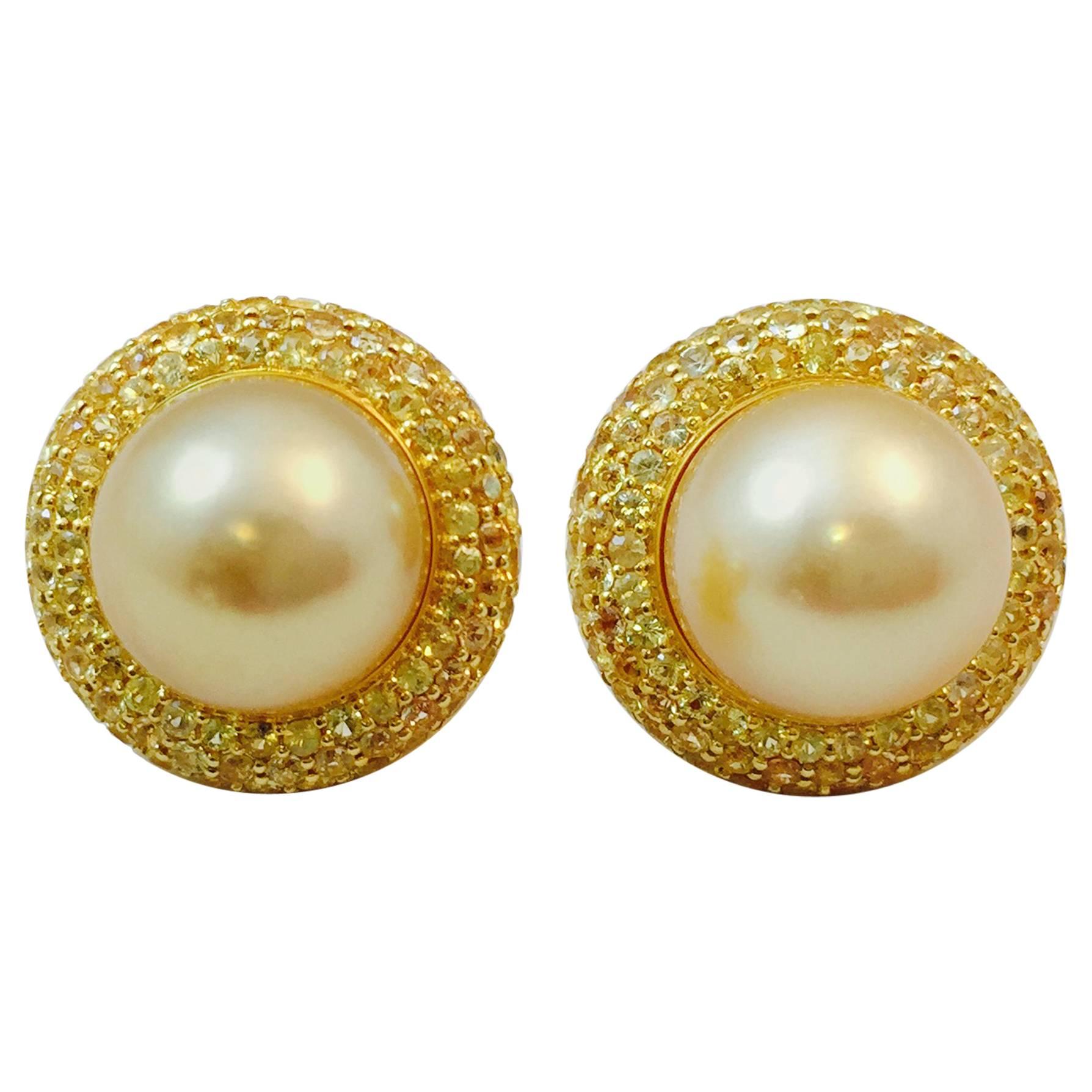 Magnificent Yellow Sapphire Golden Pearls Button Earrings For Sale