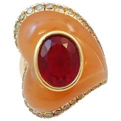 Carved Agate Citrine Diamond Gold Oro Trend Ring