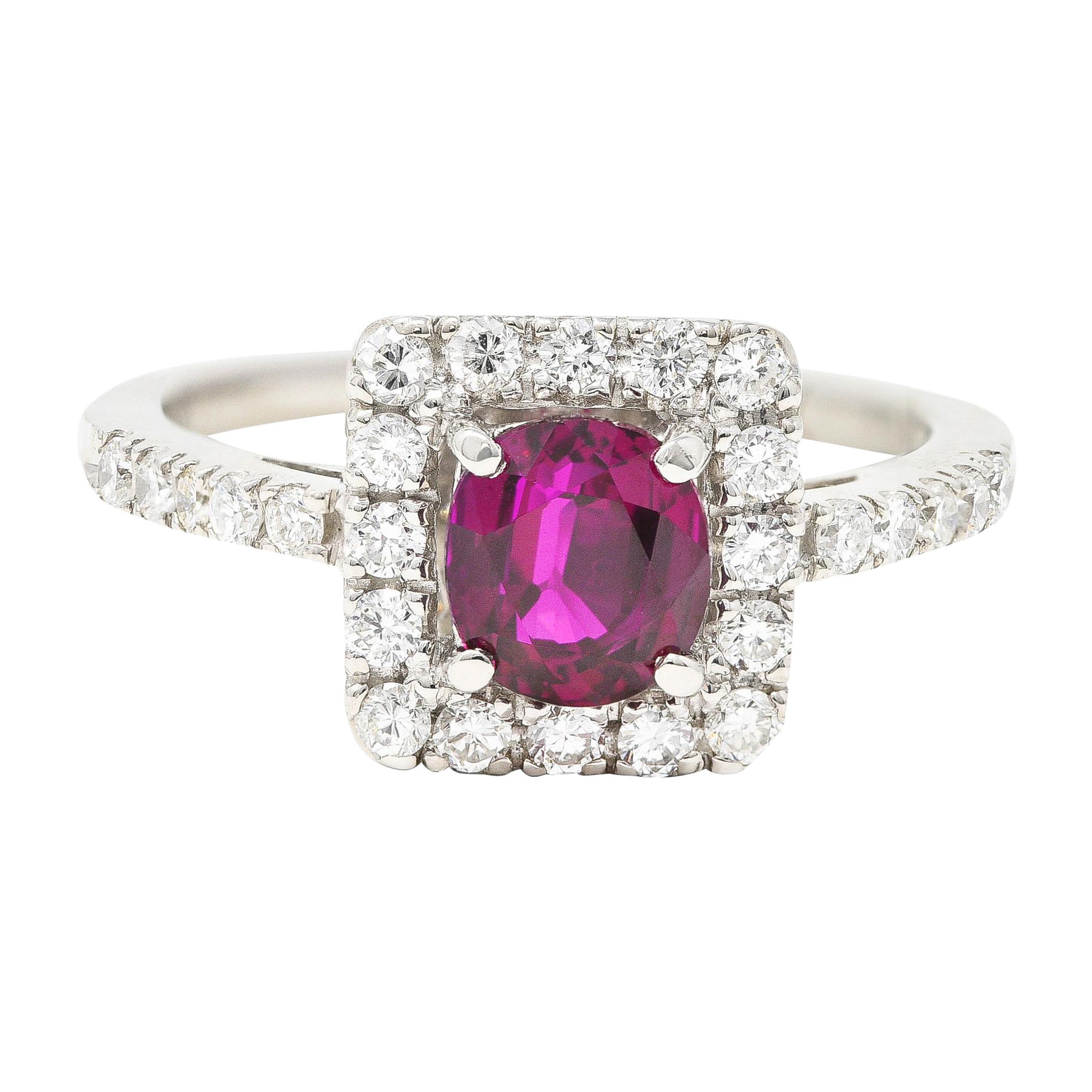 Contemporary 1.47 Carats Cushion Cut Ruby Diamond Platinum Square Halo Ring For Sale