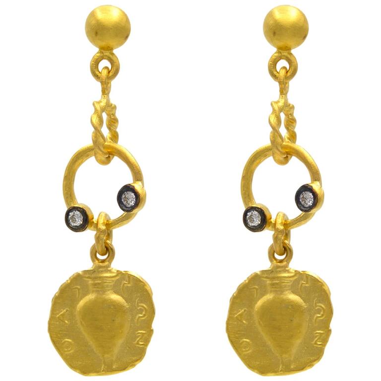 Diamond Gold Stamped Coin Drop Earrings with Vases and Symbols For Sale ...