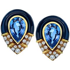 Enamel Sapphire Diamond Gold Earrings 