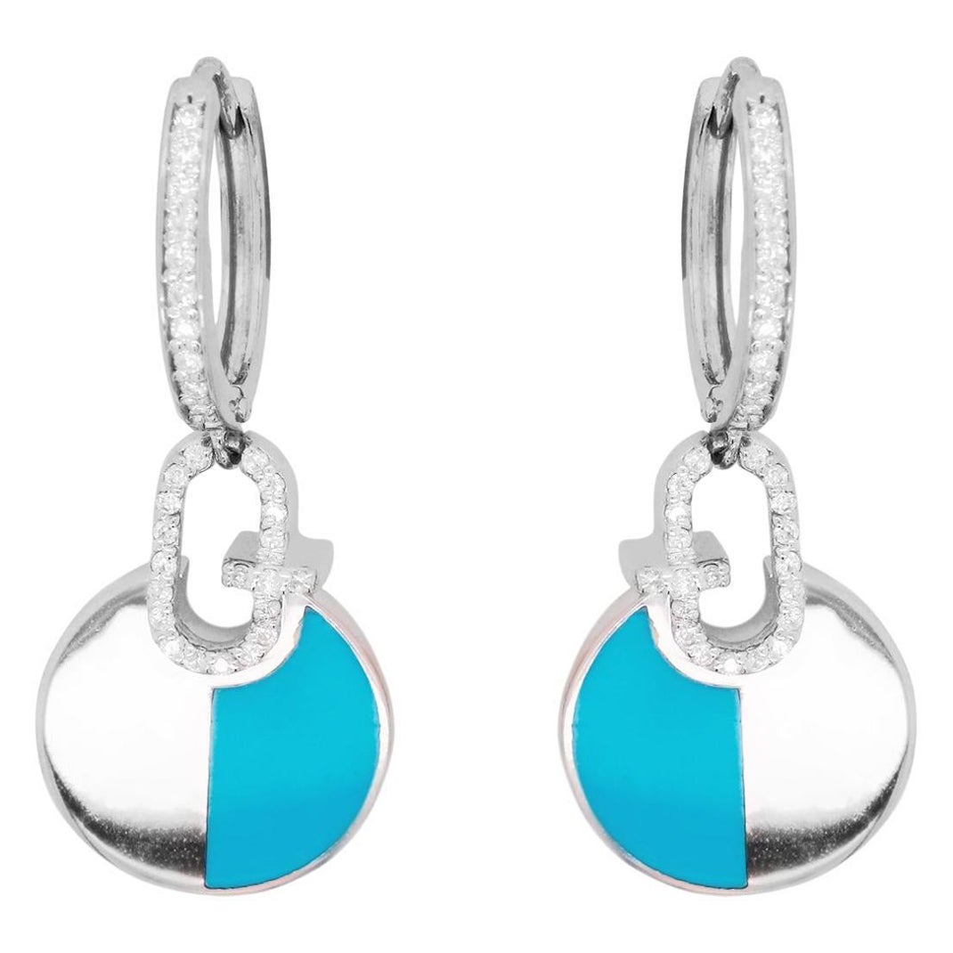 Turquoise Enamel Round Diamond Drop Huggie Fashion Earrings