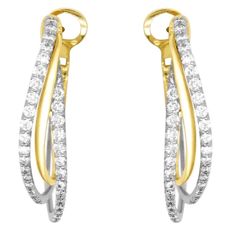 Two Toned 14K White and Yellow Gold Diamond Swirl Hoop Fashion Earrings For Sale