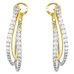 Two Toned 14K White and Yellow Gold Diamond Swirl Hoop Fashion Earrings