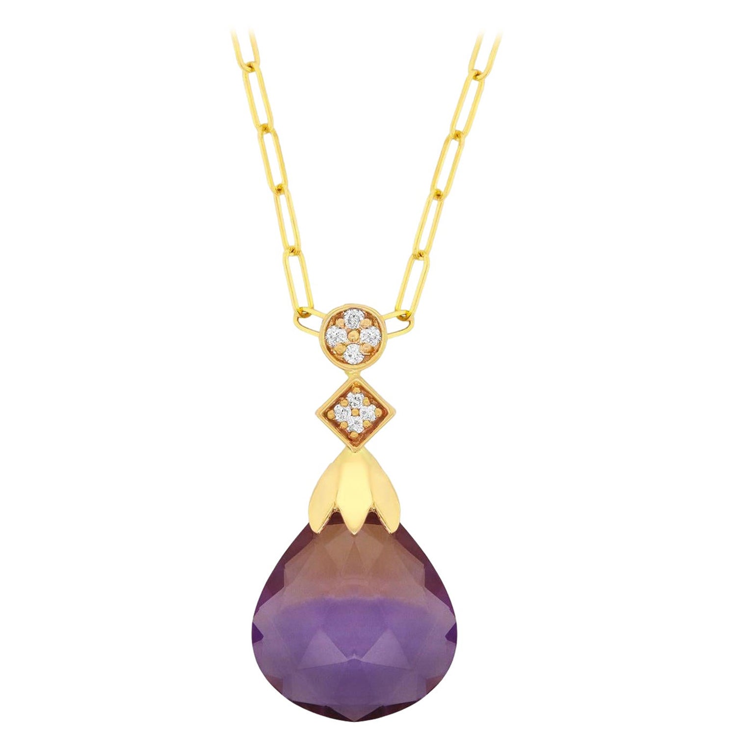 Pear Shaped Ametrine Diamond 14K Yellow Gold Paperclip Chain Pendant Necklace