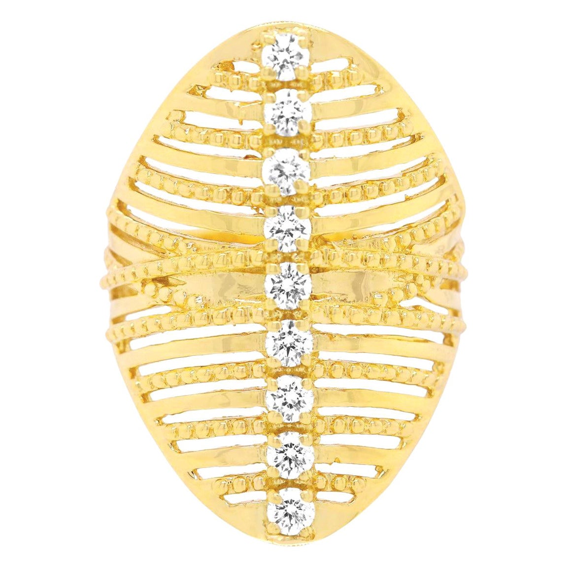 14K Yellow Gold Row of Diamonds Webbed over the Knuckle Fashion Ring For Sale