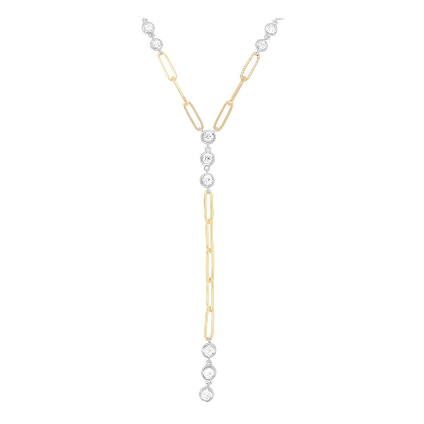 14K Two Tone Yellow & White Gold Round Diamond Paperclip Lariat Fashion Necklace