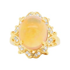 4.08 Carat Opal Oval Round Diamond Surrounded 14K Yellow Gold Fashion Ring