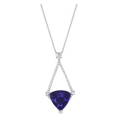 7.60 Ct Trillion Shaped Tanzanite White Diamond Pendant Necklace 14K White Gold