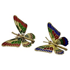 Two Plique-a-Jour Enamel Ruby Butterfly Brooches 18 Karat Gold Moveable Wings