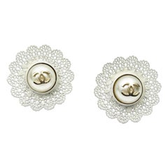 Chanel Gold CC Pearl White Lace Piercing Earrings