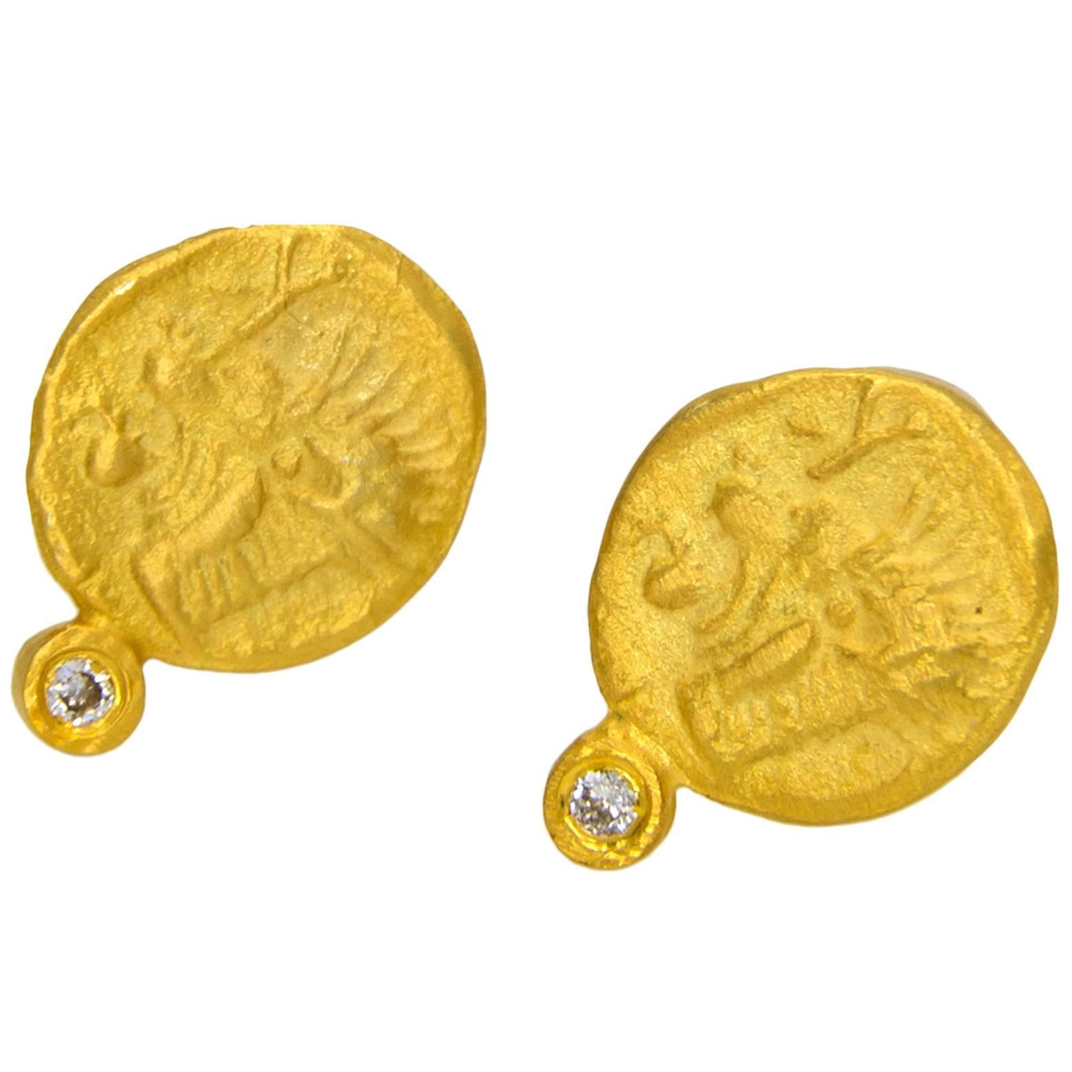 Diamond Gold Stamped Coin Mythical Creature Faces Stud Earrings